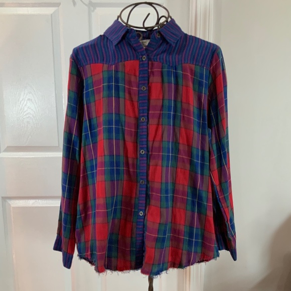 Umgee Plaid Cotton Long Sleeve Button Down Colorful Top Size Large NWT - Picture 1 of 8